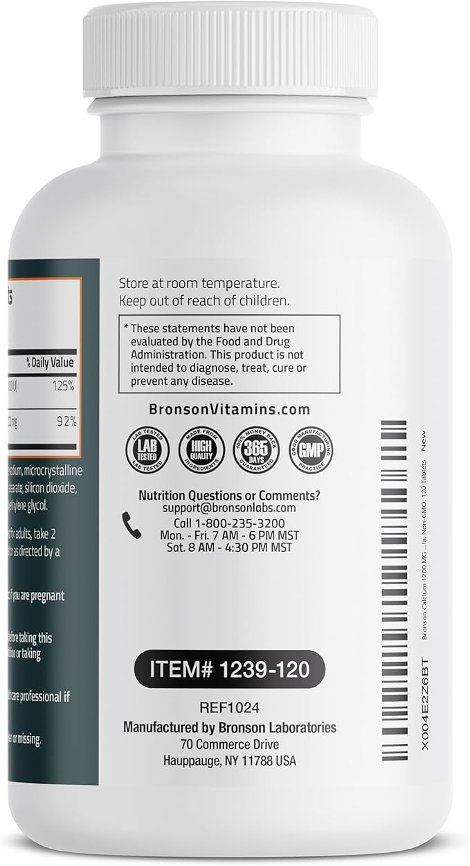 Bronson Calcium 1200mg Per Serving Plus Vitamin D3 1000 IU High Potency Formula, Non-GMO, 120 Tablets