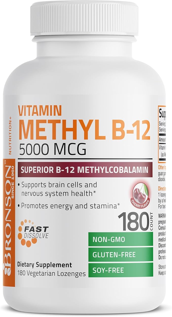 Bronson Methyl B12 5000 mcg Vitamin B12 Methylcobalamin Energy & Brain Support, 180 Lozenges