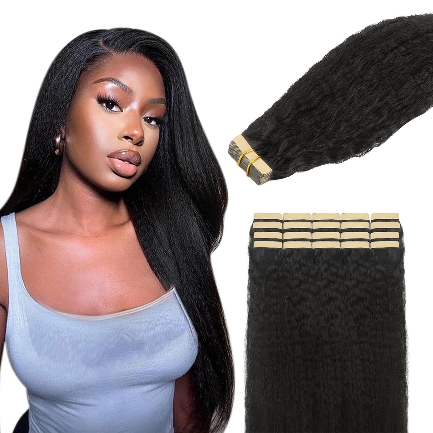 Lashey Tape in Hair Extensions Human Hair for Black Women Kinky Straight Tape in Hair Extensions Natural Black 14 Inch 50g/pack 20pcs Real Natural Human Hair for Women