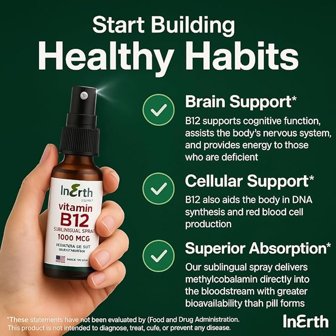 InErth Liposomal Vitamin B12 Liquid Drops - 1000 mcg Sublingual Methylcobalamin for Energy, Metabolism, Nervous System Immune Support - High Absorption Vegan VIT B12 Complex Supplement 1 Fl Oz