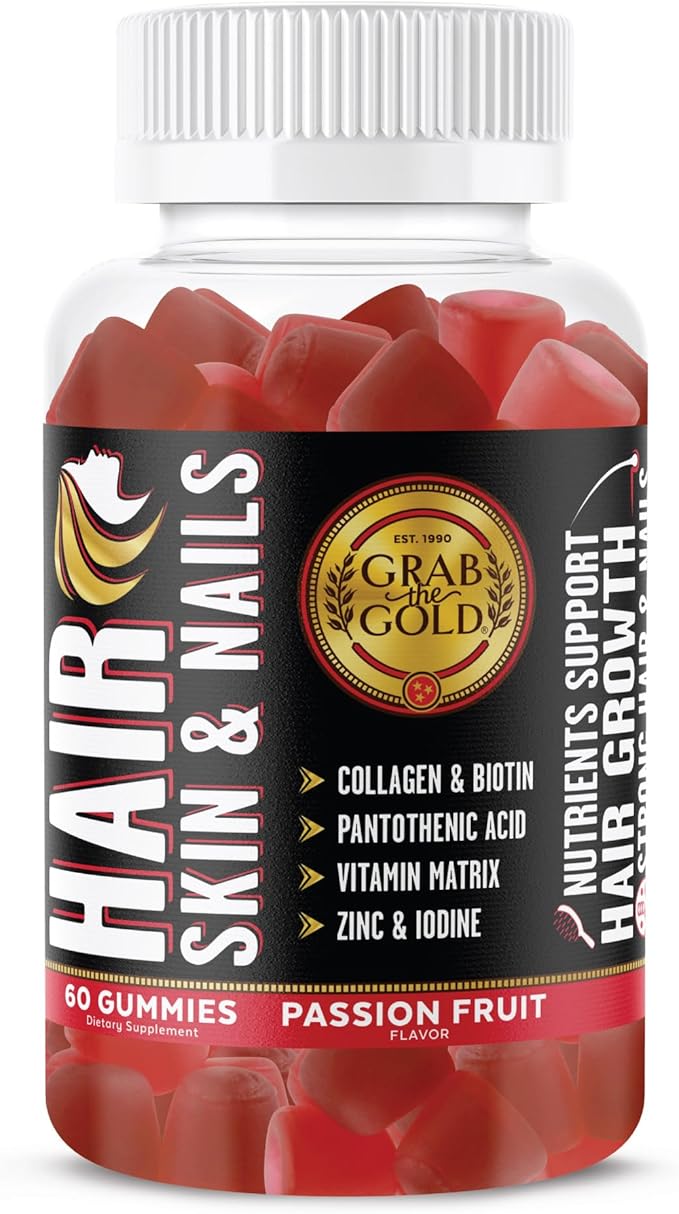 Grab The Gold Hair Skin & Nails Gummies Vitamins with 6000mcg Biotin + Collagen + 10 Vitamins & Minerals, Gluten-Free, Passion Fruit Flavor (1 Bottle = 1 Month Supply)