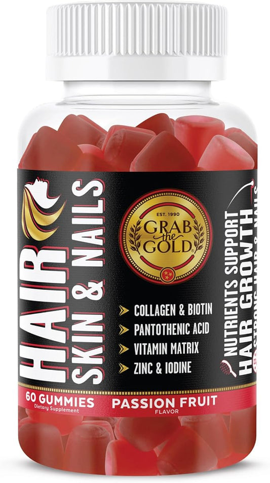 Grab The Gold Hair Skin & Nails Gummies Vitamins with 6000mcg Biotin + Collagen + 10 Vitamins & Minerals, Gluten-Free, Passion Fruit Flavor (1 Bottle = 1 Month Supply)