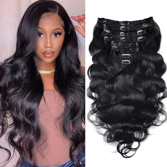 Body Wave Clip In Hair Extensions For Black Women 8Pcs Clip In Human Hair Extensions With 18 Clips Double Weft Natural Color 120g(22inch, Natural Black Body)