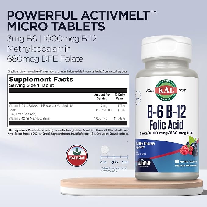 KAL Vitamin B-6, B-12 & Folic Acid Supplement, Heart Health, Energy & Red Blood Cell Support*, with Vitamin B12 Methylcobalamin & Folate, Natural Berry Flavor, 60 Servings, 60 ActivMelt Micro Tablets