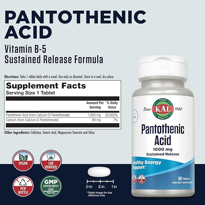 KAL Pantothenic Acid 1000mg, Sustained Release Vitamin B5 - Energy Supplements - Supports Metabolism of Carbs, Fat and Protein, Hair and Skin Health, Vegan, 60-Day Guarantee, 50 Servings, 50 Tablets