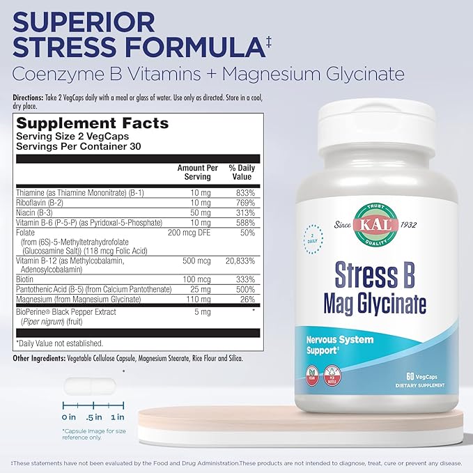 KAL Stress B Mag Glycinate, B Complex Vitamins Plus Magnesium, Active Forms Coenzyme Vitamin B-6, Methylcobalamin, and Folate from 5-MTHF, Healthy Mood & Relaxation Support, 30 Servings, 60 VegCaps