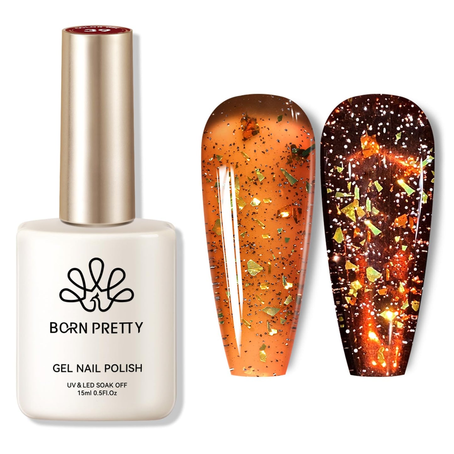 Born Pretty Jelly Nail Polish, Orange Glitter Sheer Transparent Crystal Gel Polish, Fall Winter Translucent Clear Gel Polish Manicure Gift for Women 15ML