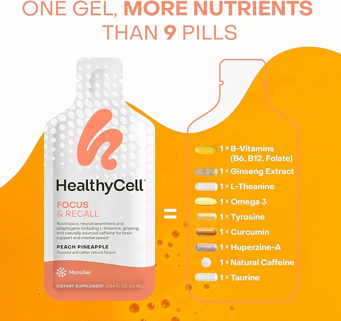 Healthycell Focus & Recall, Daily Liquid Brain Supplement for Focus & Memory - Nootropics Supplement for Concentration & Alertness with L-Theanine, Omega-3 & Taurine - 14 Gel Packs