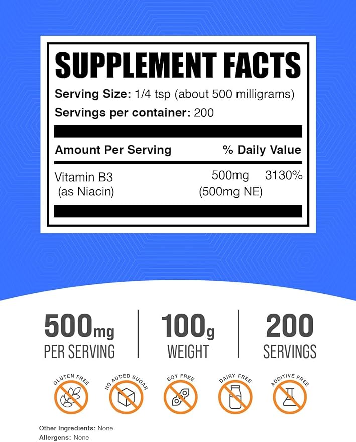 BulkSupplements.com Niacin Powder - Vitamin B3 Supplement, Niacin Flush - Gluten Free, 500mg per Serving, 100g (3.5 oz) (Pack of 1)