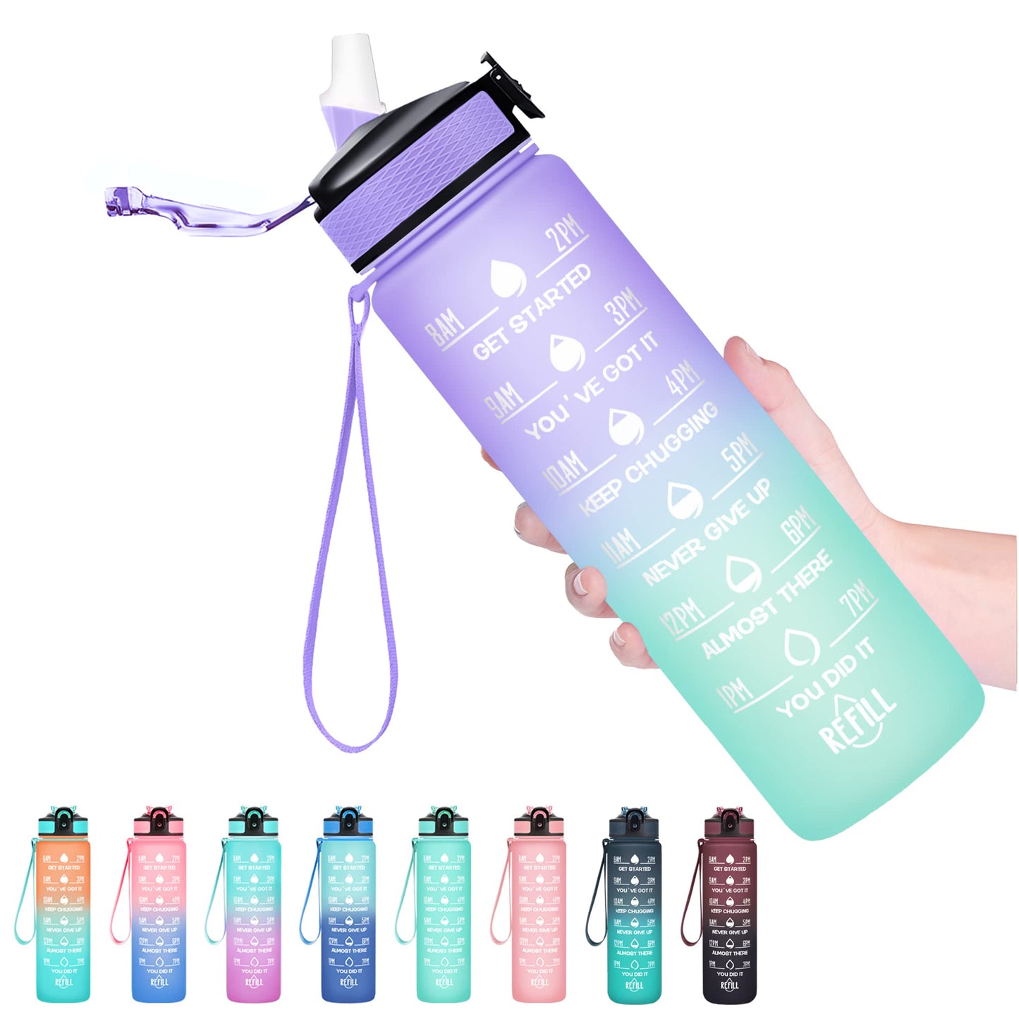 Hyeta 32 oz Water Bottles with Times to Drink and Straw, Motivational Water Bottle with Time Marker, Leakproof, Drinking Sports Water Bottle for Fitness, Gym and Outdoor