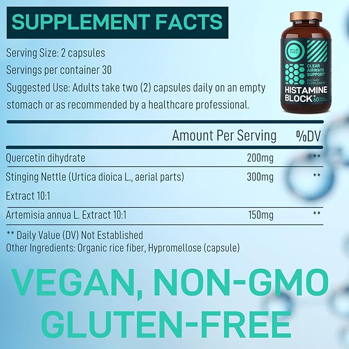 Histamine Block Flavonoids Supplements - Quercetin, Nettle, Atermesia Natural Source Flavonoids - Seasonal Allergy Balance Supplements Histamine Blocker - 60 Homeopatic Allergy Relief D-Hist Caps
