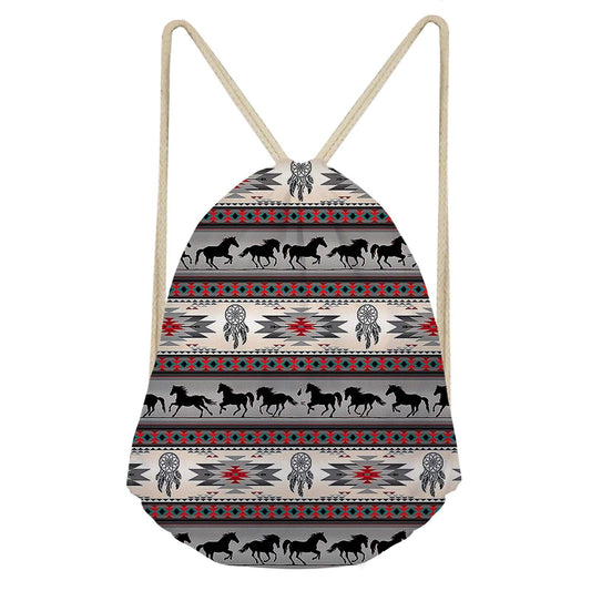 COEQINE Tribal Horse Printed Drawstring Backpack for Girls Boys,Lightweight Drawstring Bags String Sack Storage Satchels