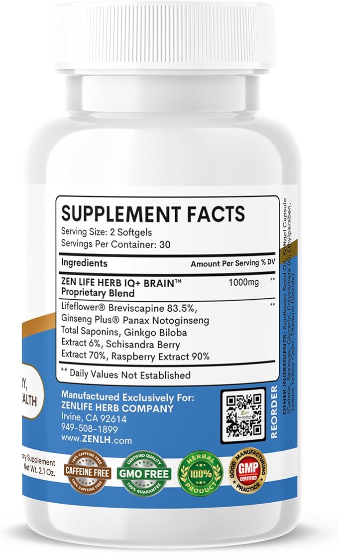 IQ+ Brain - Caffeine-Free, Clinically Tested Focus, Concentration, Memory & Energy, Natural Plant-Based Herbal Supplement, No Added Vitamins/Minerals/Mushroom/Sugar (60 Softgels)
