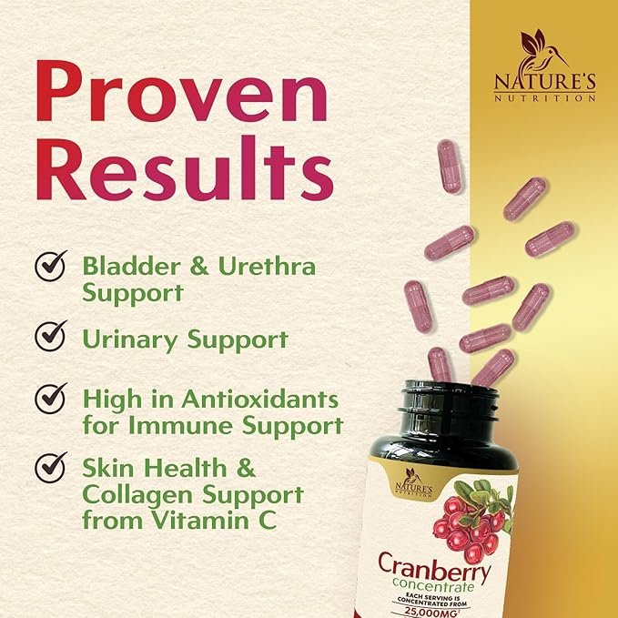 Cranberry Concentrate Extract Supplement for Women & Men + Vitamin C - 25,000mg Formula for Urinary Tract Health Support, Non-GMO and Gluten Free, Cranberry Pills Supplement - 120 Capsules