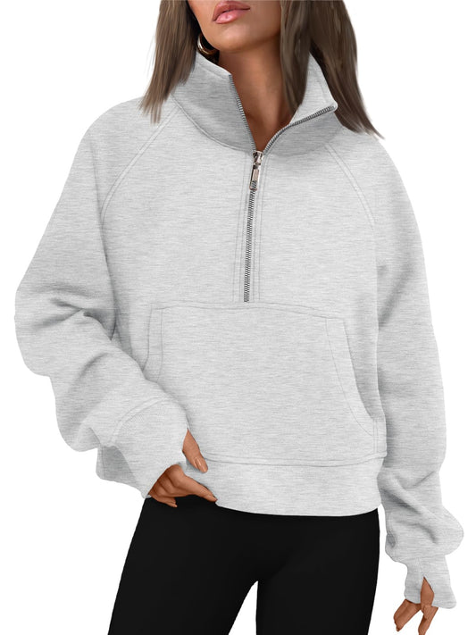 AUTOMET Womens Sweatshirts Long Sleeve Tops Hoodies Shirts Half Zip Pullover Cropped Oversized 2024 Fall Fashion Outfits Sweaters XS Grey