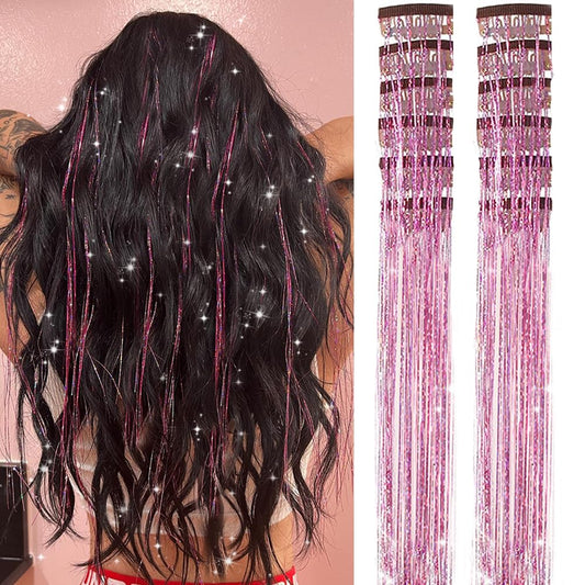 Hair Tinsel Pack of 12 Pcs Clip in Hair Tinsel 20 Inch Glitter Pink Tinsel Hair Extensions, Festival Tinsel Fairy Hair Extension Party Dazzle Hair Accessories Strands Kit(12Pcs,Pink#)