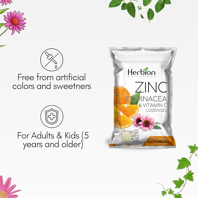 HERBION Naturals Zinc, Echinacea & Vitamin C Lozenges 25 CT - Dietary Supplement for Adults & Children 5+ - Promotes Wellness for The Whole Family (125 Count (Pack of 5), Orange)