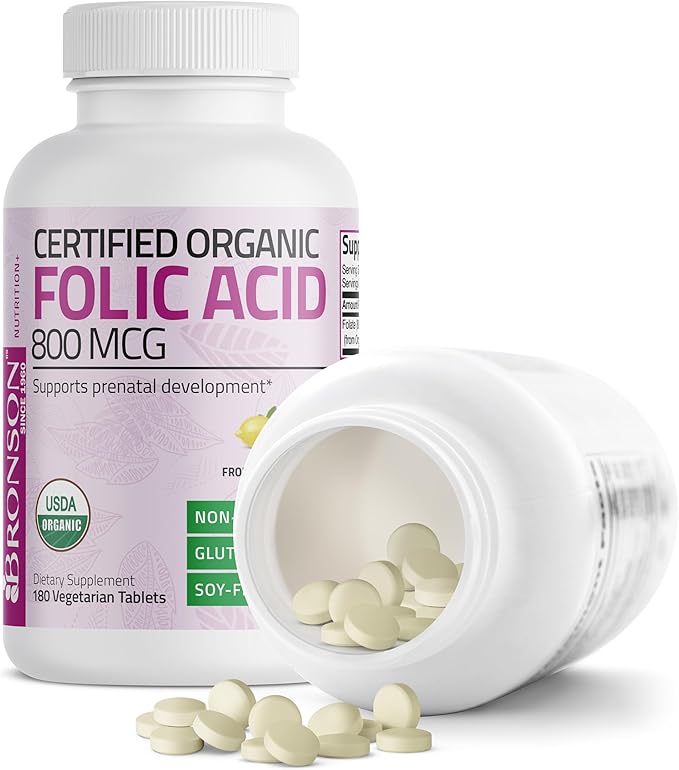 Bronson Organic Folic Acid (Vitamin B9 Folate) 800 mcg Natural Folate from Lemon Peel, 180 Tablets