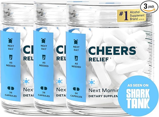 Cheers Relief | Next Morning Aid with Ginger + White Willow Bark | Feel Better After Drinking | 36 Doses | Ginger, White Willow Bark, L-Theanine, Caffeine