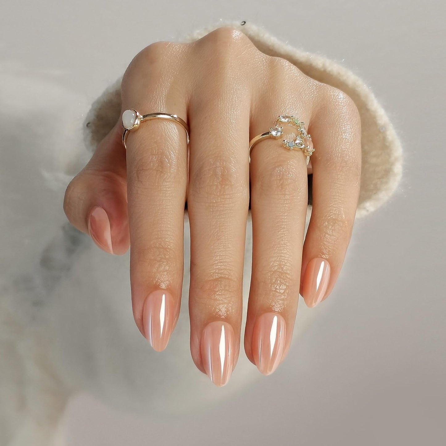 Chrome Nude Press on Nails Almond - SHANGMENG Soft Gel Press on Nails Short for Women Gift, Fit Perfectly & Natural Glue on Nails with Glue in 16 Sizes - 32 Reusable Fake Nails, Aurora Nude