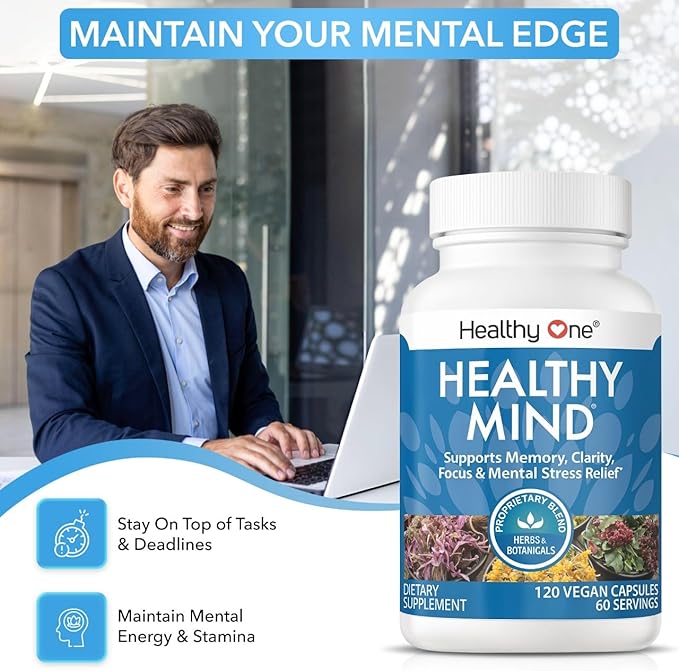 Healthy Mind - Safe for Teens - Brain Fog - Cognitive Function - Concentration - Focus - Neural Optimization - Mood - Ginkgo Biloba - Ginseng - Rhodiola - Bacopa - Gotu Kola - Green Tea - 120 Count