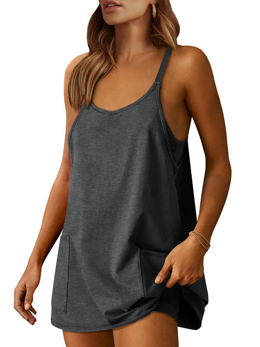 ANRABESS Women Summer Mini Romper Dress Workout Tennis Active Sports Athleisure Outfits built in Shorts Trendy Vacation Deep Gray X-Smal