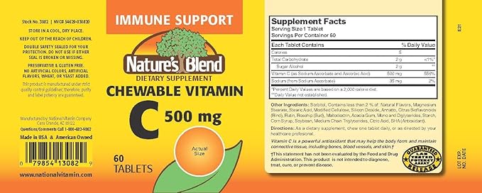 Chewable Vitamin C. Great tasting low sugar essential vitamin, does not promote tooth decay. 500mg, 60 Tablets.