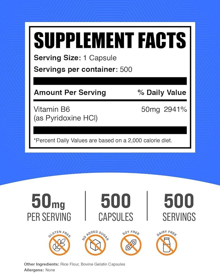 BulkSupplements.com Vitamin B6 Capsules - Pyridoxine HCl, Vitamin B6 50mg - 1 Capsule per Serving, 500 Capsules (Pack of 1)