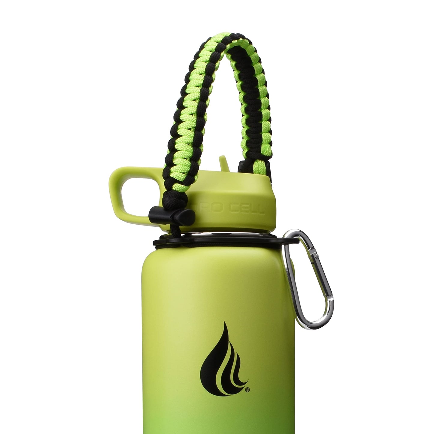 HYDRO CELL Paracord Handle for Wide Mouth Water Bottles - Carrier Strap w/Attachment Ring and Carabiner Accessory. Compatible w/ 64oz, 40oz 32oz, 24oz, 18oz, 14oz Insulated Bottles (Neon/Black)