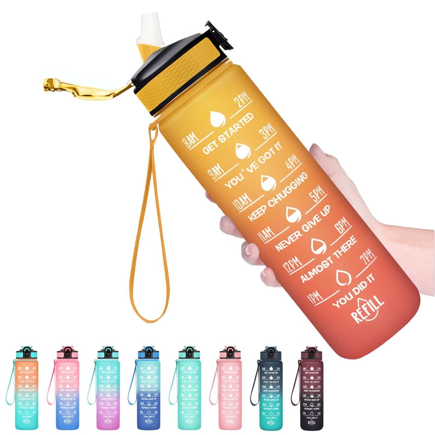 Hyeta 32 oz Water Bottles with Times to Drink and Straw, Motivational Water Bottle with Time Marker, Leakproof, Drinking Sports Water Bottle for Fitness, Gym and Outdoor