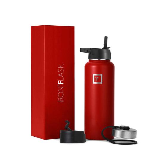IRON °FLASK Camping & Hiking Hydration Flask, Wide Mouth, 3 Straw Lids, Stainless Steel Outdoor Water Bottle, Double Walled, Insulated Thermos, Metal Canteen - Fire Red, 14 Oz