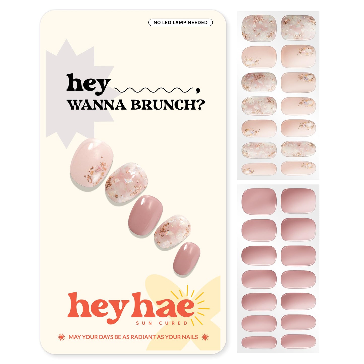 Heyhae Semi Cured Gel Nail Strips | Sun Cured No LED Lamp Needed Easy Apply & Remove | Includes 28 Strips, 1 Prep Pad, 1 Nail File & 1 Wooden Stick - Hey, Wanna Brunch?