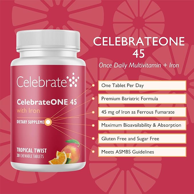 Celebrate Vitamins CelebrateONE 45 Chewables, 45mg Iron - One A Day Bariatric Multivitamin, Essential Vitamins & Minerals - Gastric Bypass & Sleeve Gastrectomy Supplement - Tropical (30 Tablets)