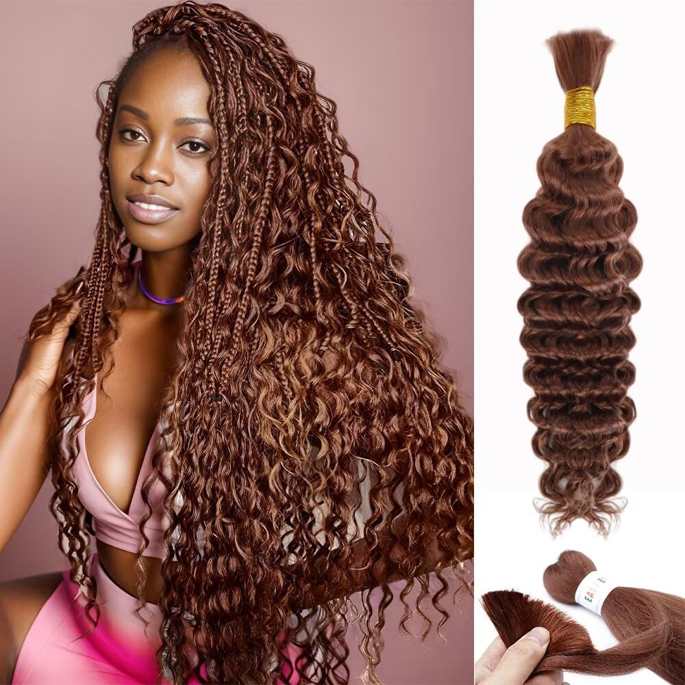 Brown Braiding Hair 1 Bundle 50g 16 Inch Color 30 Braiding Hair Deep Wave Human Hair Braiding Hair Water Wave Bulk Human Hair for Braiding 100% 12A Brazilian Auburn Human Bariding Hair for Boho Braids