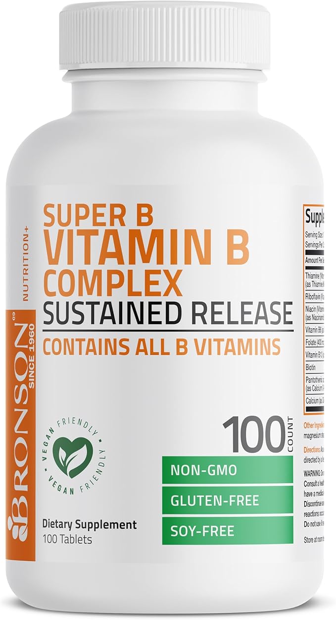 Bronson Super B Vitamin B Complex Sustained Slow Release (Vitamin B1, B2, B3, B6, B9 - Folic Acid, B12) Contains All B Vitamins 100 Tablets