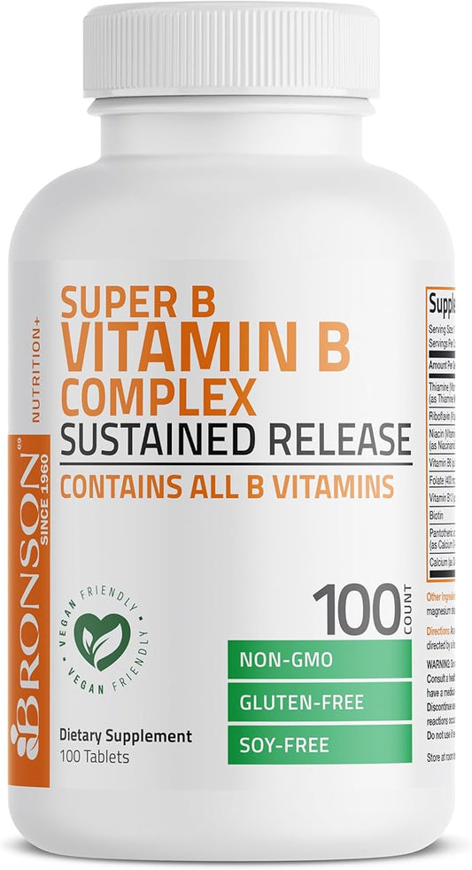 Bronson Super B Vitamin B Complex Sustained Slow Release (Vitamin B1, B2, B3, B6, B9 - Folic Acid, B12) Contains All B Vitamins 100 Tablets