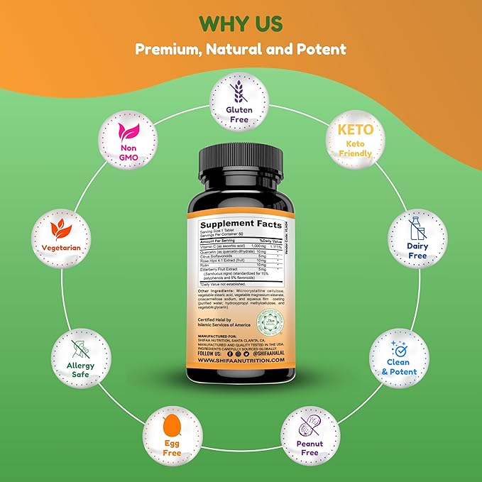 Halal Vitamin C-1000mg Tablets, 60 Days Supply. Immune Support Supplement with Vitamin C, Elderberry, Quercetin, Rose HIPS & Rutin. Vegetarian, Non-GMO, Sugar Free & Keto Friendly