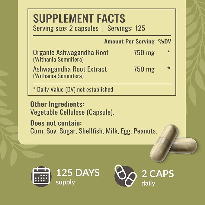 HERBAMAMA Ashwagandha Capsules - 1500mg Pure Ashwagandha Root for Relaxation & Mood Support - Vegan, Non-GMO Focus & Calming Supplement for Adults, 250 Caps