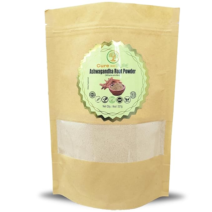 Cure wid Pure Certified Organic Ashwagandha Root Powder – 8oz/ 0.5Lb Non-GMO,Raw & Additives-Free Lab Tested Ashwagandha Powder Organic – Ayurvedic Adaptogenic Herbal Supplement in Eco-Friendly Bag