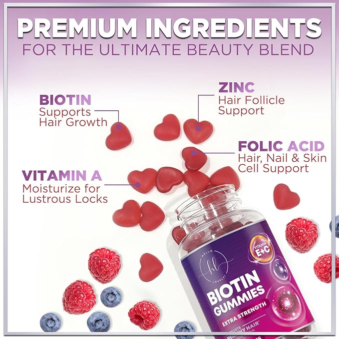 Hair Vitamins Gummy with Biotin 5000 mcg, Hair Growth Support with Vitamins E & C, Non-GMO & Gluten Free, Thicker, Stronger & Beautiful Hair, Skin & Nails, Hair Vitamin for Women & Men - 60 Gummies
