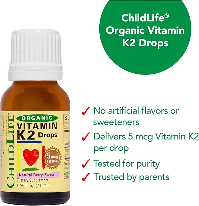 CHILDLIFE Essentials Organic Vitamin K2 Drops - Infant Toddler Baby Vitamin K, K2 Supplement, Vitamin K2 MK7, Liquid K2, Vitamin K Drops - Natural Berry Flavor, 0.25 Fl Oz (Pack of 1)