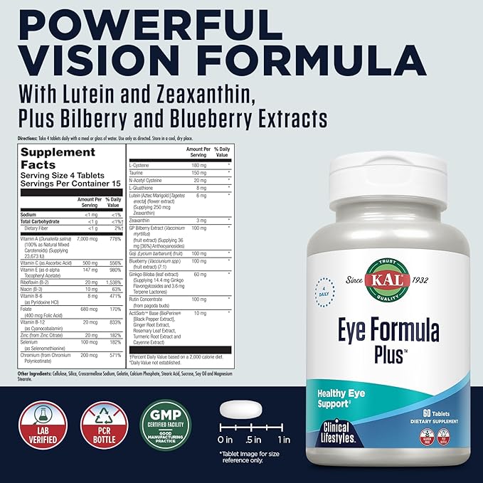 KAL Eye Formula Plus, Eye Care and Vision Supplements for Adults, with Eye Vitamins Lutein and Zeaxanthin, Plus Bilberry Extract, Goji and Blueberry Extract, 60-Day Guarantee, 15 Servings, 60 Tablets