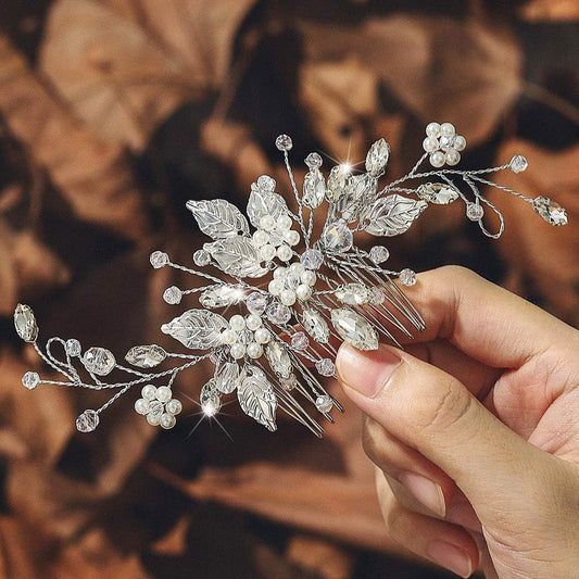 JEAIRTS Leaf Wedding Hair Comb Pearl Flower Bridal Hair Pieces Sparkly Rhinestone Hair Accessories for Women(1-Silver)