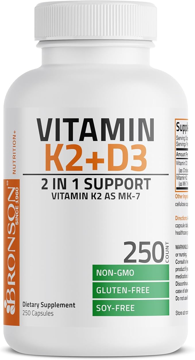 Bronson Vitamin K2 (MK7) with D3 Supplement Non-GMO Formula 5000 IU Vitamin D3 & 90 mcg K2 MK-7 Easy to Swallow D & K Complex, 250 Capsules