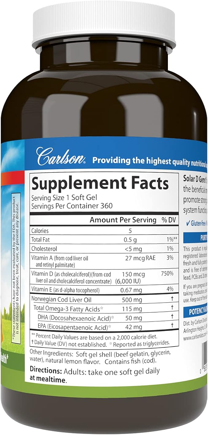 Carlson - Solar D Gems, Vitamin D3 and Omega-3 Supplement, 6000 IU (150 mcg) Vitamin D3, 115 mg Omega-3s EPA and DHA Supplement, Wild Caught, Sustainably Sourced, Lemon, 360 Softgels