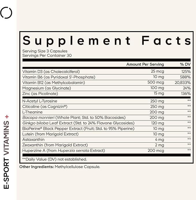 Codeage E-Sport Vitamins+ Citicoline Cognizin, Bacopa Monnieri Supplement, Multivitamins, Astaxanthin, L-Theanine, Ginkgo Biloba, Acetyl-L-Tyrosine, Huperzine A, Lutein, Esport Gaming - 90 Capsules