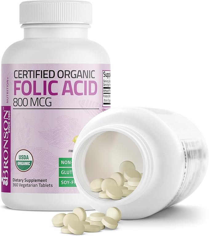 Bronson Organic Folic Acid (Vitamin B9 Folate) 800 mcg Natural Folate from Lemon Peel 360 Tablets