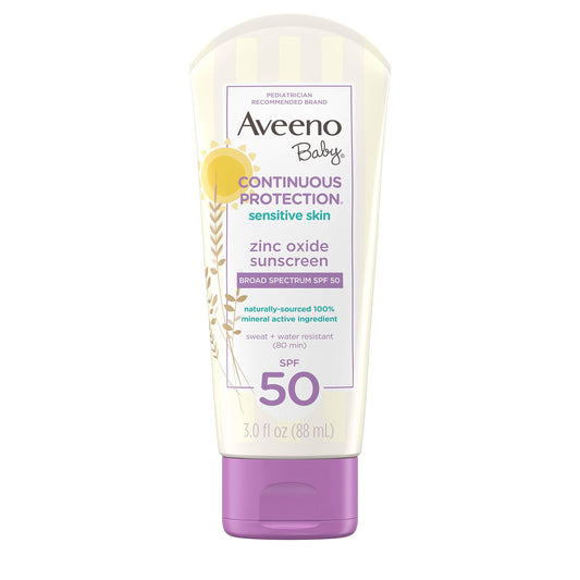 Aveeno Baby Continuous Protection Zinc Oxide Mineral Sunscreen Lotion for Sensitive Skin with Broad Spectrum SPF 50, Tear-Free, Sweat- & Water-Resistant, Travel-Size, 3 fl. Oz