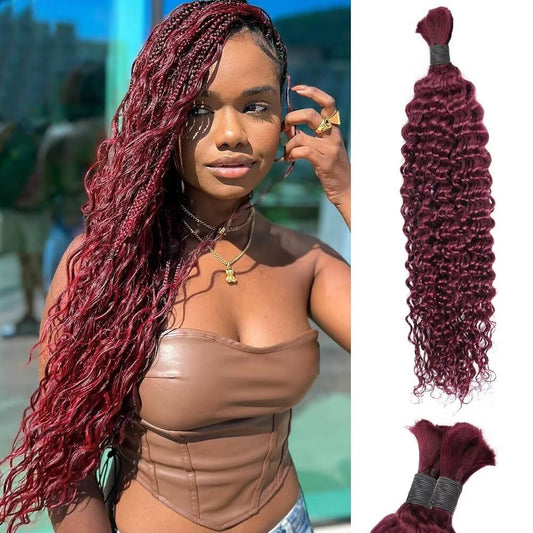 Burgundy Human Braiding Hair Deep Water Wave Bulk Human Hair 50g 16 Inch Color 99J Curly Human Hair for Boho Braids Hair Extensions No Weft 1 Braids Per Pack Wet and Wavy Human Hair Braiding Hair