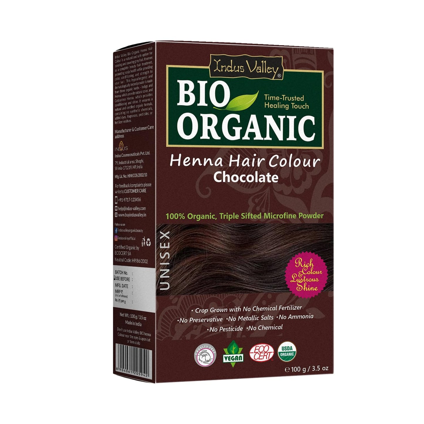 Indus Valley Bio Organic Natural Henna Hair Color Chocolate 100gm| 100% Gray Hair Coverage And Long Lasting Hair Dye | Natural Hair Dye, Vegan and Cruelty-Free